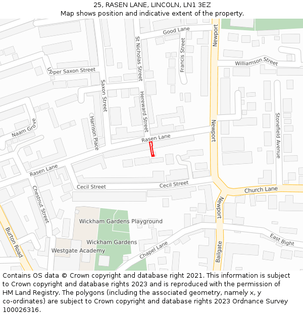 25, RASEN LANE, LINCOLN, LN1 3EZ: Location map and indicative extent of plot