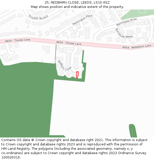 25, REDBARN CLOSE, LEEDS, LS10 4SZ: Location map and indicative extent of plot