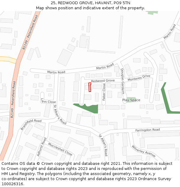 25, REDWOOD GROVE, HAVANT, PO9 5TN: Location map and indicative extent of plot
