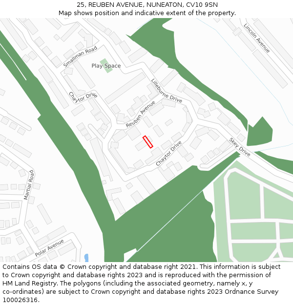 25, REUBEN AVENUE, NUNEATON, CV10 9SN: Location map and indicative extent of plot