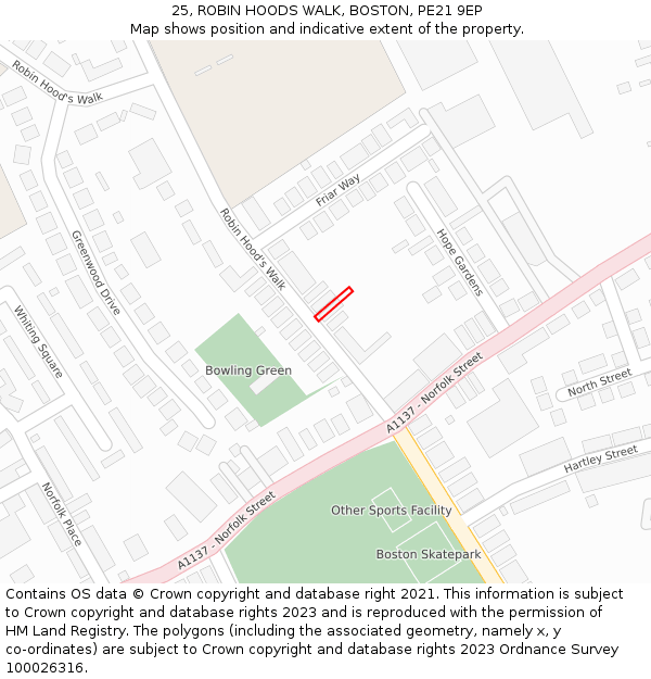 25, ROBIN HOODS WALK, BOSTON, PE21 9EP: Location map and indicative extent of plot