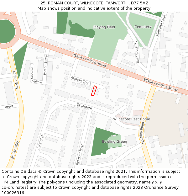 25, ROMAN COURT, WILNECOTE, TAMWORTH, B77 5AZ: Location map and indicative extent of plot