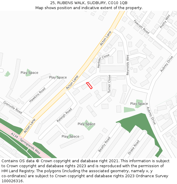 25, RUBENS WALK, SUDBURY, CO10 1QB: Location map and indicative extent of plot