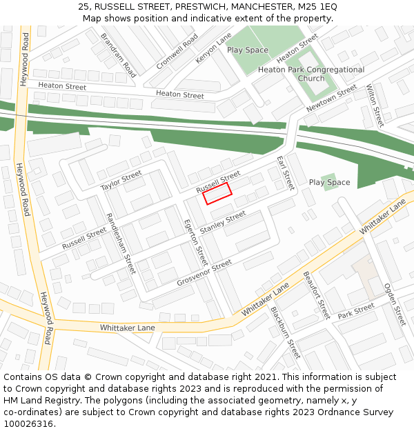 25, RUSSELL STREET, PRESTWICH, MANCHESTER, M25 1EQ: Location map and indicative extent of plot