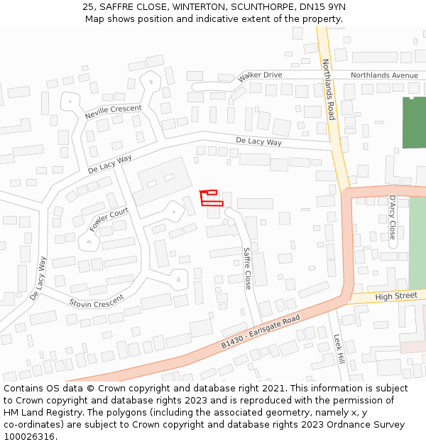 25, SAFFRE CLOSE, WINTERTON, SCUNTHORPE, DN15 9YN: Location map and indicative extent of plot