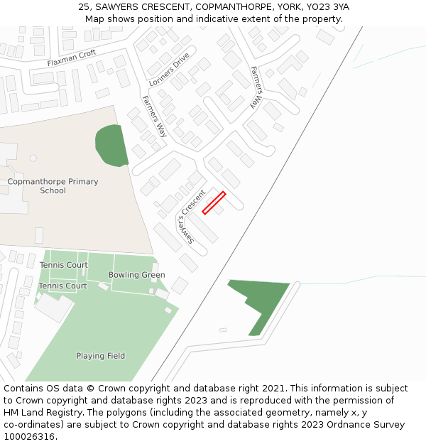25, SAWYERS CRESCENT, COPMANTHORPE, YORK, YO23 3YA: Location map and indicative extent of plot