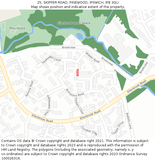 25, SKIPPER ROAD, PINEWOOD, IPSWICH, IP8 3QU: Location map and indicative extent of plot