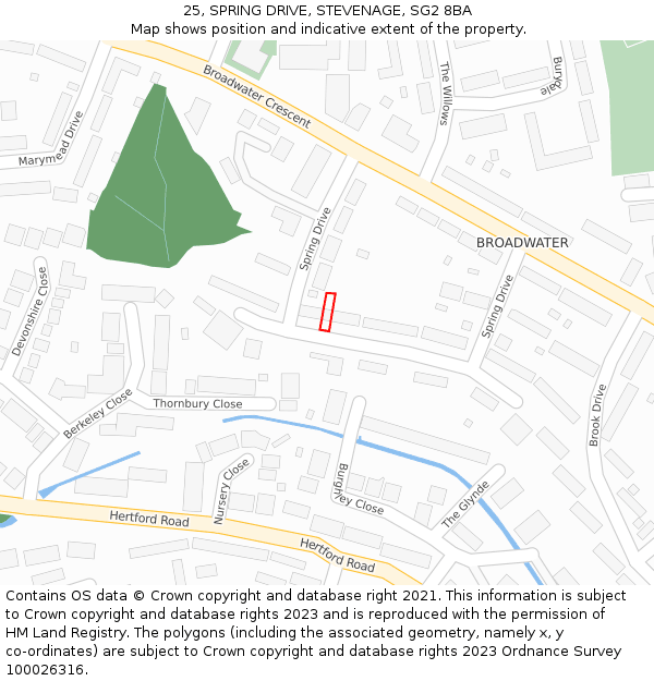 25, SPRING DRIVE, STEVENAGE, SG2 8BA: Location map and indicative extent of plot