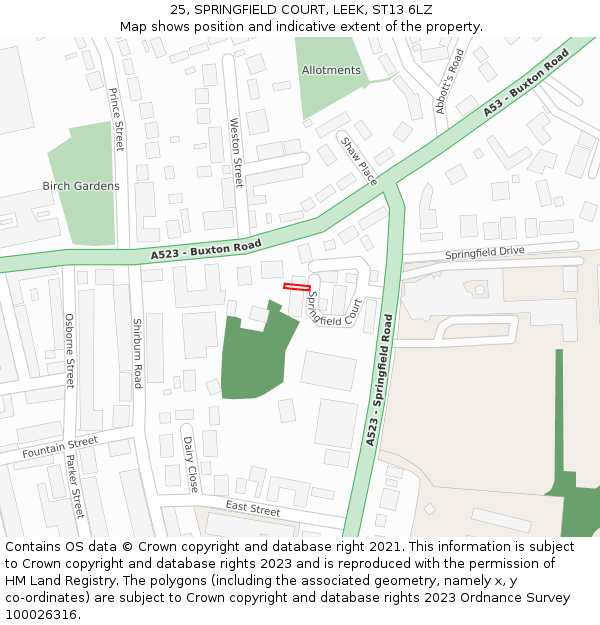 25, SPRINGFIELD COURT, LEEK, ST13 6LZ: Location map and indicative extent of plot