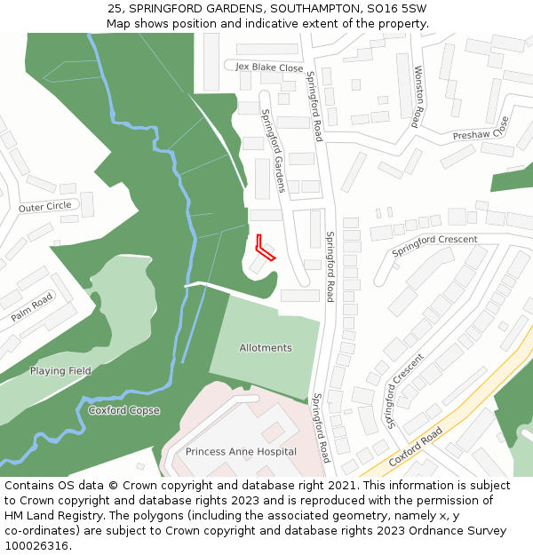 25, SPRINGFORD GARDENS, SOUTHAMPTON, SO16 5SW: Location map and indicative extent of plot