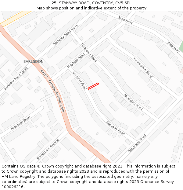 25, STANWAY ROAD, COVENTRY, CV5 6PH: Location map and indicative extent of plot