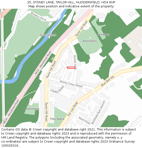 25, STONEY LANE, TAYLOR HILL, HUDDERSFIELD, HD4 6HP: Location map and indicative extent of plot