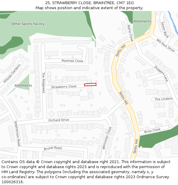 25, STRAWBERRY CLOSE, BRAINTREE, CM7 1EG: Location map and indicative extent of plot