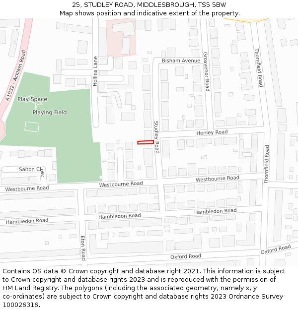 25, STUDLEY ROAD, MIDDLESBROUGH, TS5 5BW: Location map and indicative extent of plot