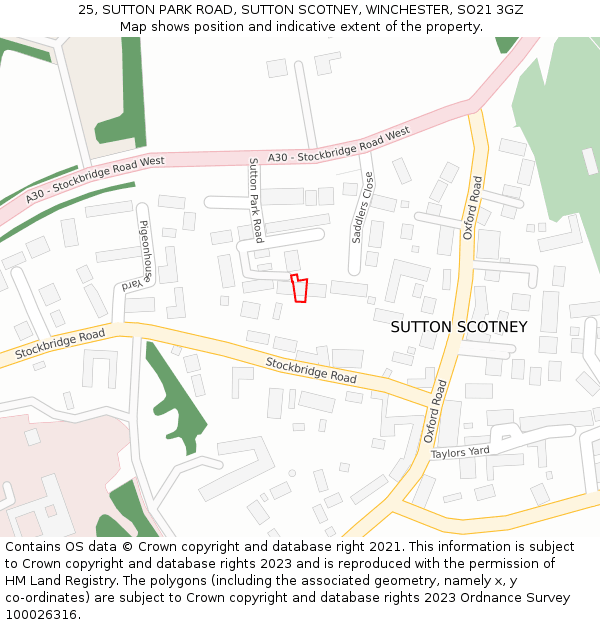 25, SUTTON PARK ROAD, SUTTON SCOTNEY, WINCHESTER, SO21 3GZ: Location map and indicative extent of plot