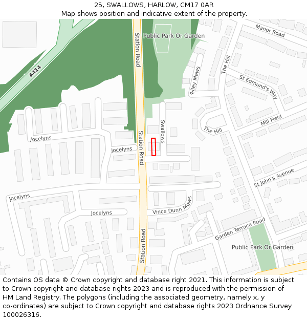 25, SWALLOWS, HARLOW, CM17 0AR: Location map and indicative extent of plot