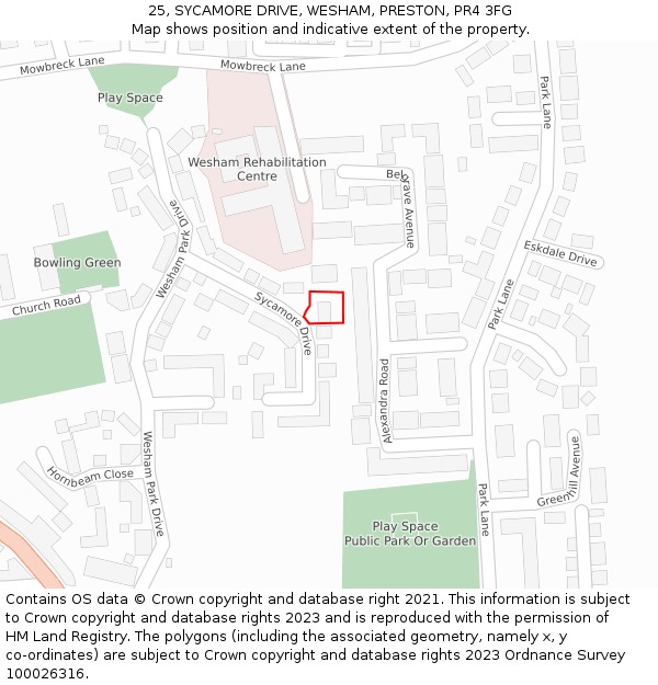 25, SYCAMORE DRIVE, WESHAM, PRESTON, PR4 3FG: Location map and indicative extent of plot