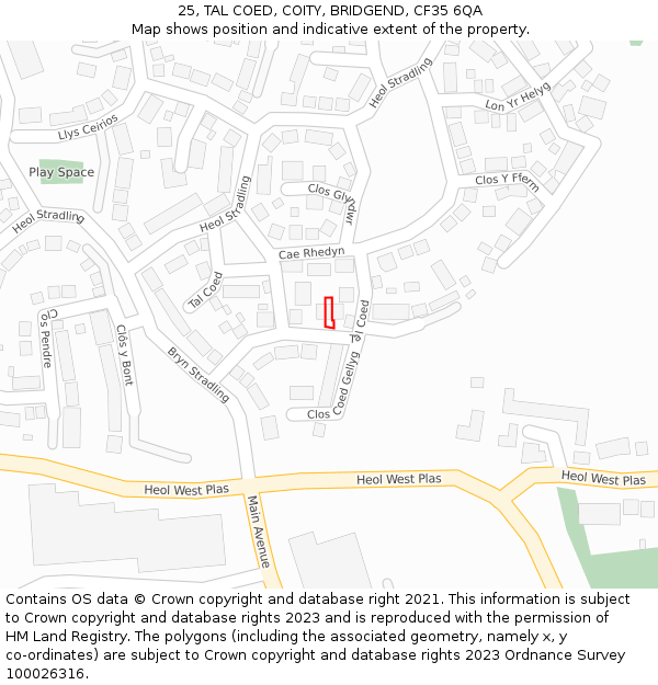 25, TAL COED, COITY, BRIDGEND, CF35 6QA: Location map and indicative extent of plot