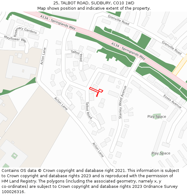 25, TALBOT ROAD, SUDBURY, CO10 1WD: Location map and indicative extent of plot