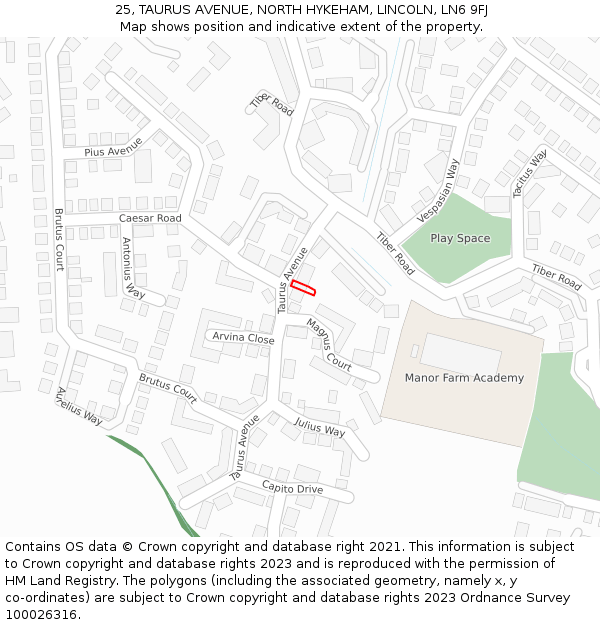 25, TAURUS AVENUE, NORTH HYKEHAM, LINCOLN, LN6 9FJ: Location map and indicative extent of plot