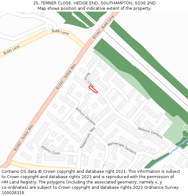 25, TERRIER CLOSE, HEDGE END, SOUTHAMPTON, SO30 2ND: Location map and indicative extent of plot