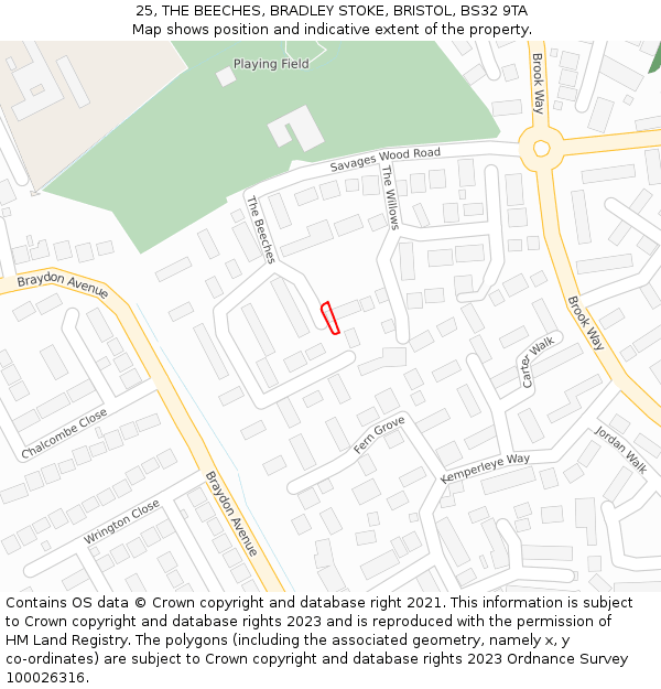 25, THE BEECHES, BRADLEY STOKE, BRISTOL, BS32 9TA: Location map and indicative extent of plot