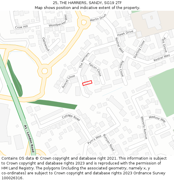 25, THE HARRIERS, SANDY, SG19 2TF: Location map and indicative extent of plot