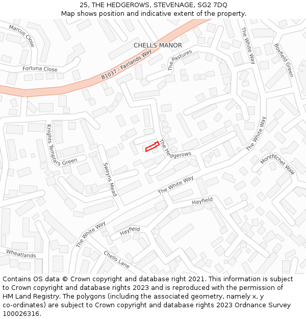 25, THE HEDGEROWS, STEVENAGE, SG2 7DQ: Location map and indicative extent of plot