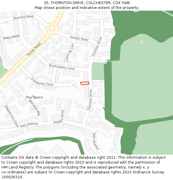 25, THORNTON DRIVE, COLCHESTER, CO4 5WB: Location map and indicative extent of plot