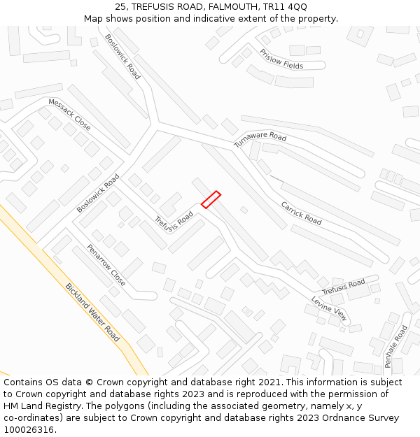 25, TREFUSIS ROAD, FALMOUTH, TR11 4QQ: Location map and indicative extent of plot