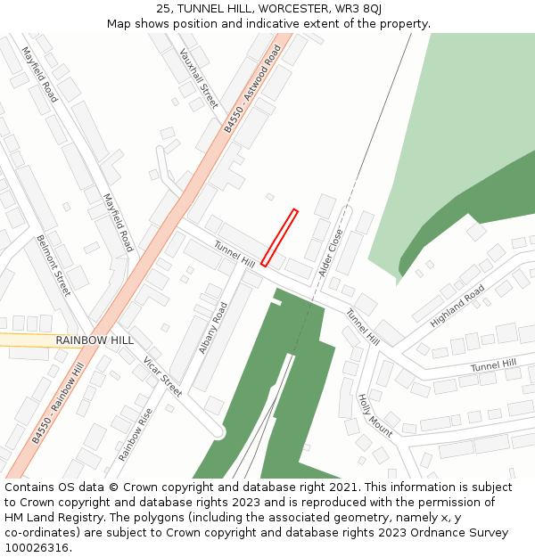 25, TUNNEL HILL, WORCESTER, WR3 8QJ: Location map and indicative extent of plot