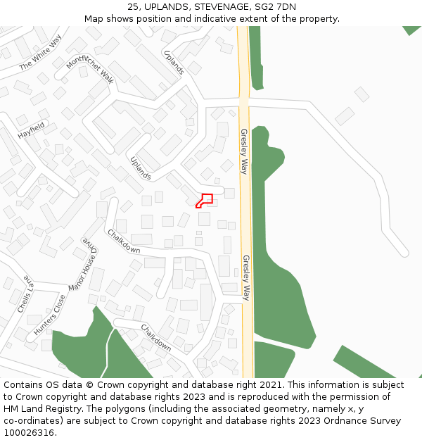 25, UPLANDS, STEVENAGE, SG2 7DN: Location map and indicative extent of plot