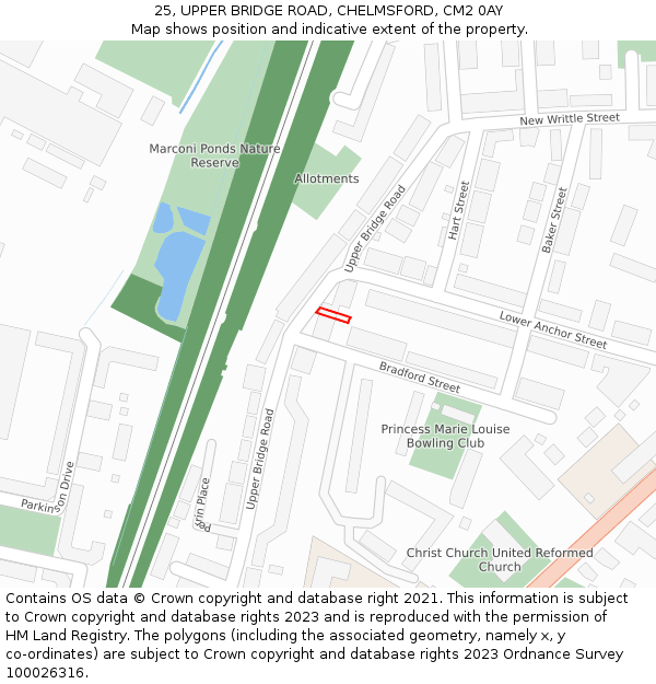 25, UPPER BRIDGE ROAD, CHELMSFORD, CM2 0AY: Location map and indicative extent of plot