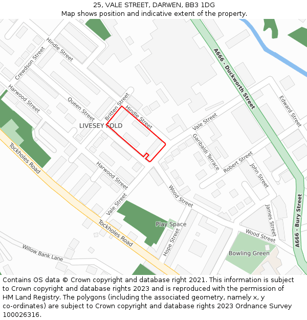 25, VALE STREET, DARWEN, BB3 1DG: Location map and indicative extent of plot