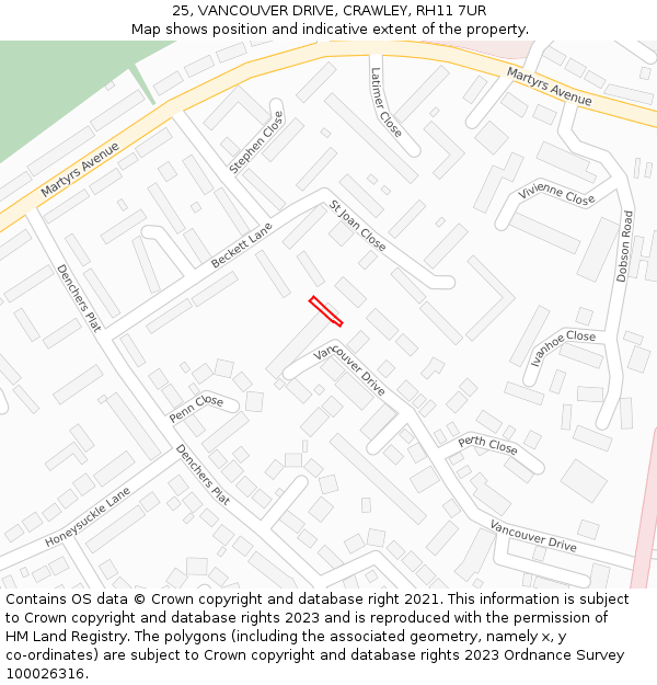 25, VANCOUVER DRIVE, CRAWLEY, RH11 7UR: Location map and indicative extent of plot