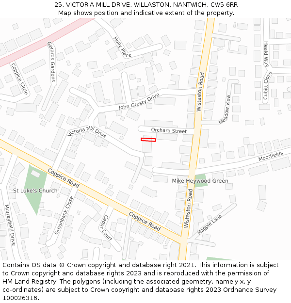 25, VICTORIA MILL DRIVE, WILLASTON, NANTWICH, CW5 6RR: Location map and indicative extent of plot