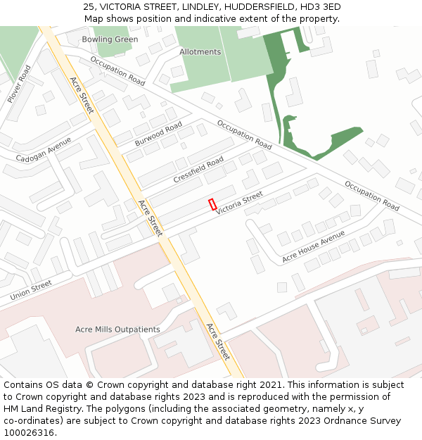 25, VICTORIA STREET, LINDLEY, HUDDERSFIELD, HD3 3ED: Location map and indicative extent of plot