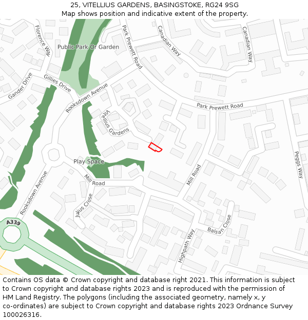 25, VITELLIUS GARDENS, BASINGSTOKE, RG24 9SG: Location map and indicative extent of plot