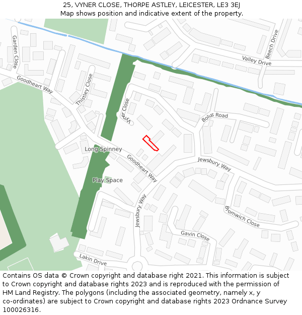 25, VYNER CLOSE, THORPE ASTLEY, LEICESTER, LE3 3EJ: Location map and indicative extent of plot