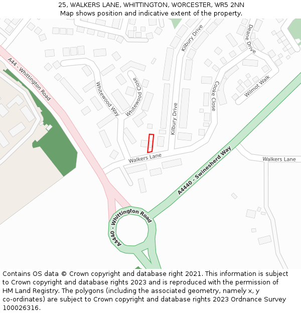 25, WALKERS LANE, WHITTINGTON, WORCESTER, WR5 2NN: Location map and indicative extent of plot