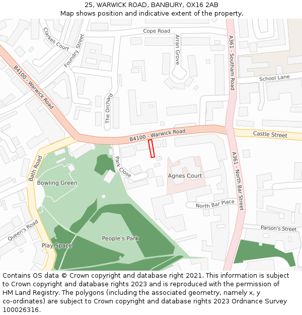 25, WARWICK ROAD, BANBURY, OX16 2AB: Location map and indicative extent of plot