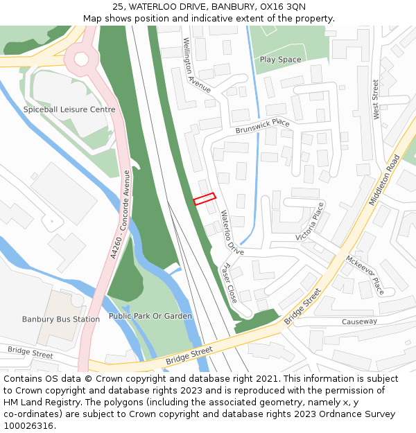 25, WATERLOO DRIVE, BANBURY, OX16 3QN: Location map and indicative extent of plot