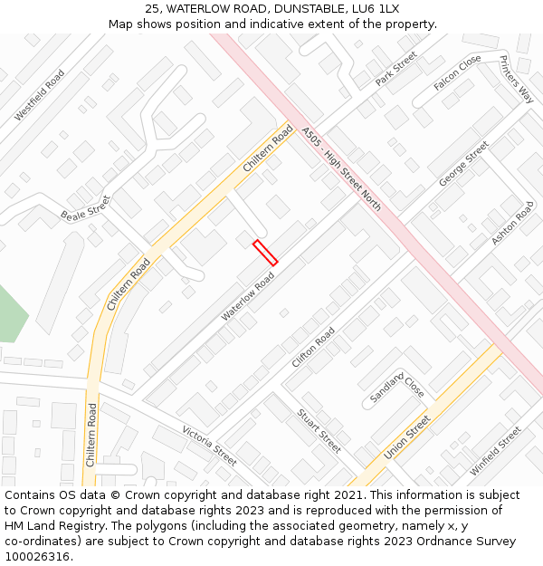 25, WATERLOW ROAD, DUNSTABLE, LU6 1LX: Location map and indicative extent of plot