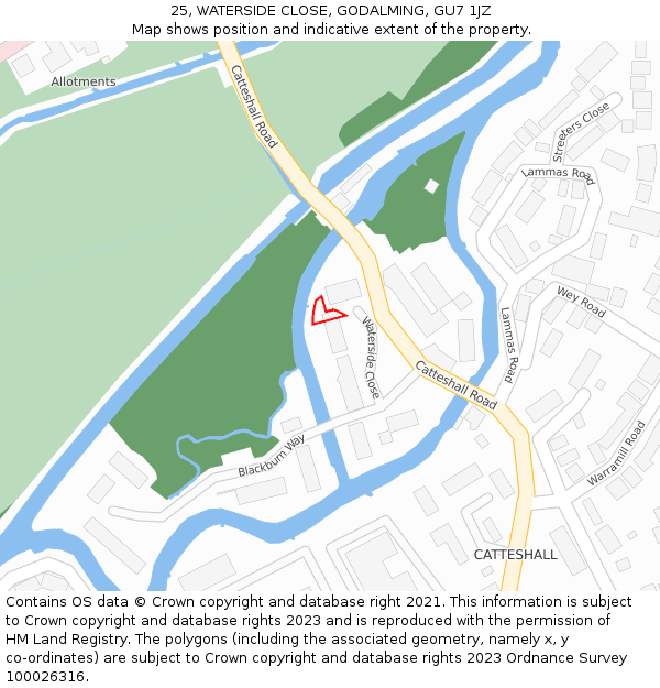 25, WATERSIDE CLOSE, GODALMING, GU7 1JZ: Location map and indicative extent of plot
