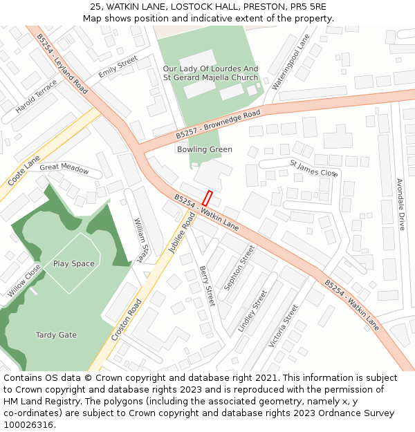 25, WATKIN LANE, LOSTOCK HALL, PRESTON, PR5 5RE: Location map and indicative extent of plot