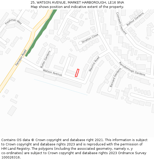 25, WATSON AVENUE, MARKET HARBOROUGH, LE16 9NA: Location map and indicative extent of plot