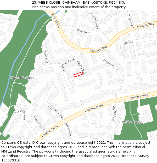 25, WEBB CLOSE, CHINEHAM, BASINGSTOKE, RG24 8XU: Location map and indicative extent of plot