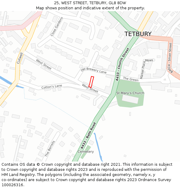 25, WEST STREET, TETBURY, GL8 8DW: Location map and indicative extent of plot