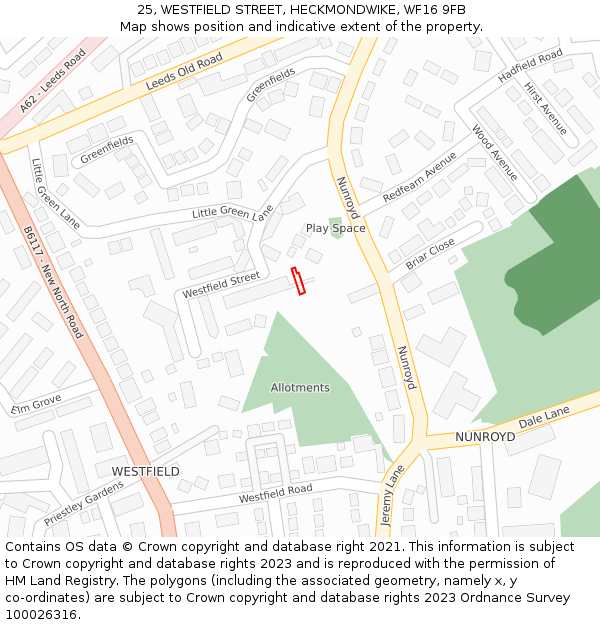 25, WESTFIELD STREET, HECKMONDWIKE, WF16 9FB: Location map and indicative extent of plot