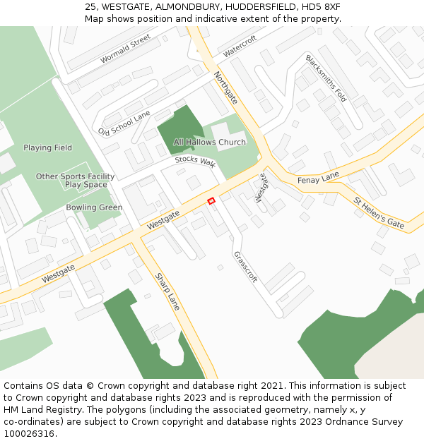 25, WESTGATE, ALMONDBURY, HUDDERSFIELD, HD5 8XF: Location map and indicative extent of plot
